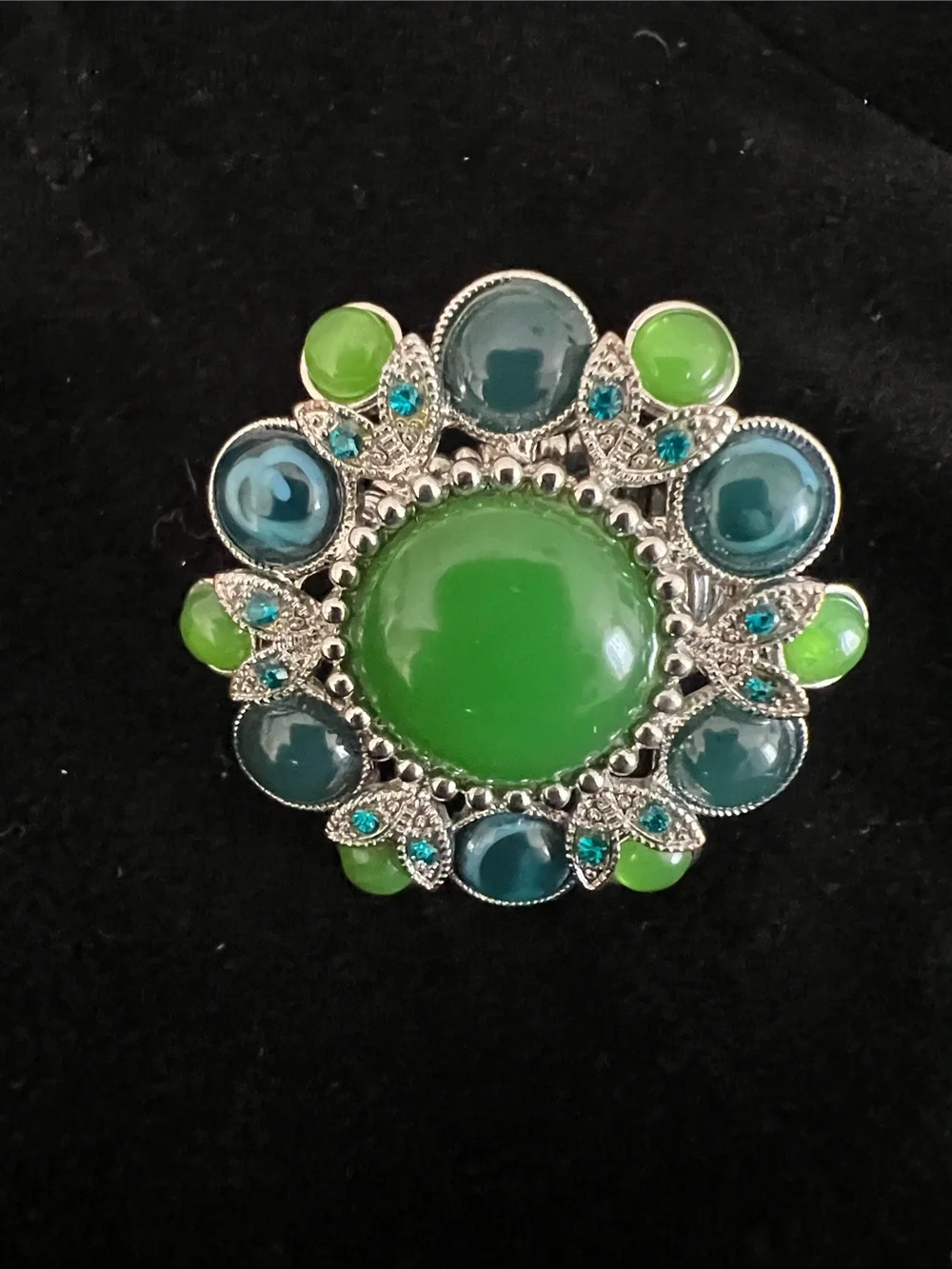 Green and Teal Stone Silver Floral Cocktail Ring with expandable band